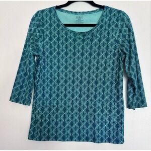 L. L. Bean Women's Green Geometric Print Crew Neck 3/4 Sleeve,‎ Sz S-P Casual